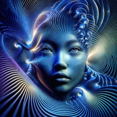 The primary subject of the image is a blue-skinned woman with long hair, who appears to be a digital art or illustration. The setting is a blue and purple background, which adds to the overall mood of the image. The visual style is a combination of digital art and illustration, creating a unique and intriguing scene. The colors and mood of the image are predominantly blue and purple, giving it a calm and serene atmosphere.